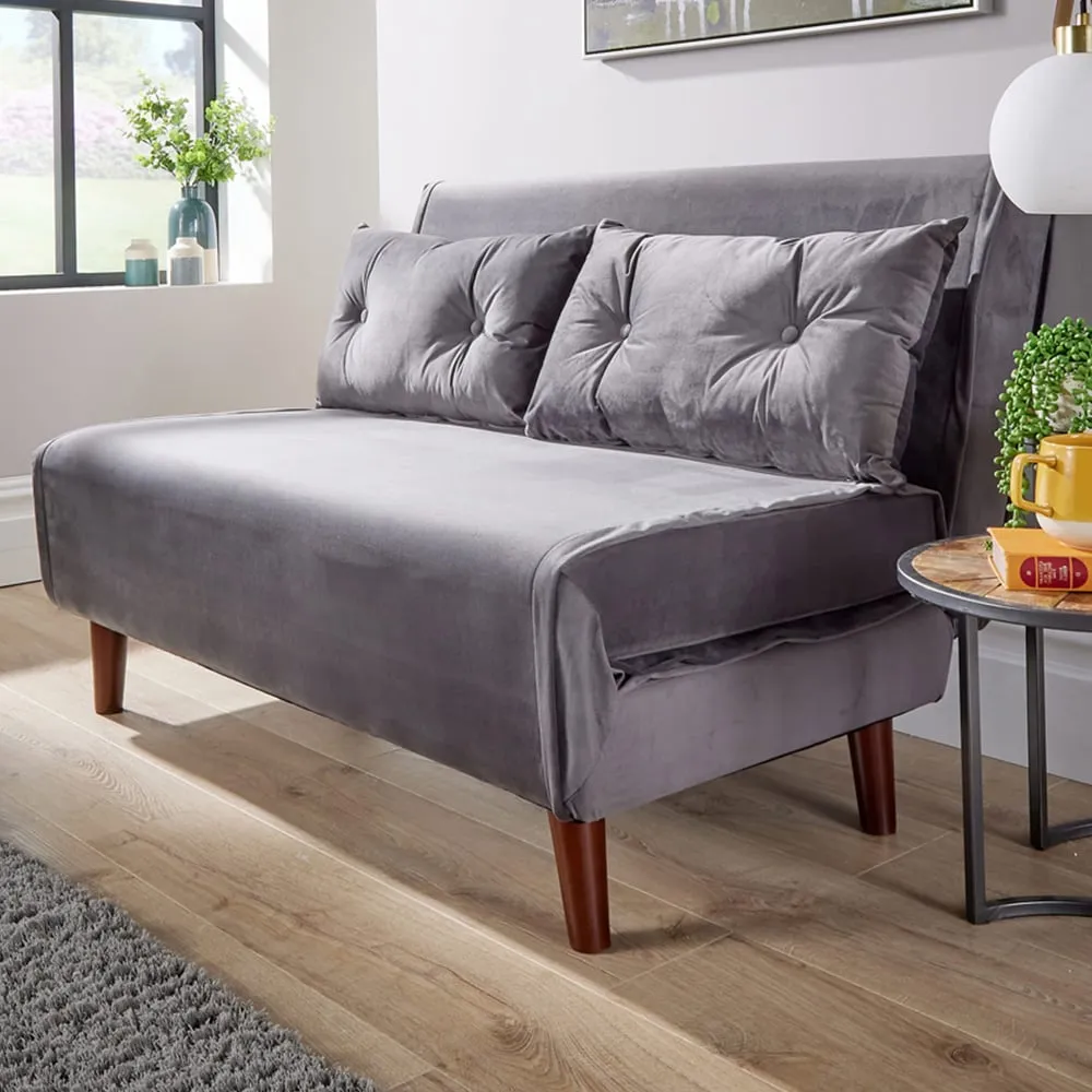 Morella 2 Seater Folding Sofa Bed with Pillows - Grey, Velvet