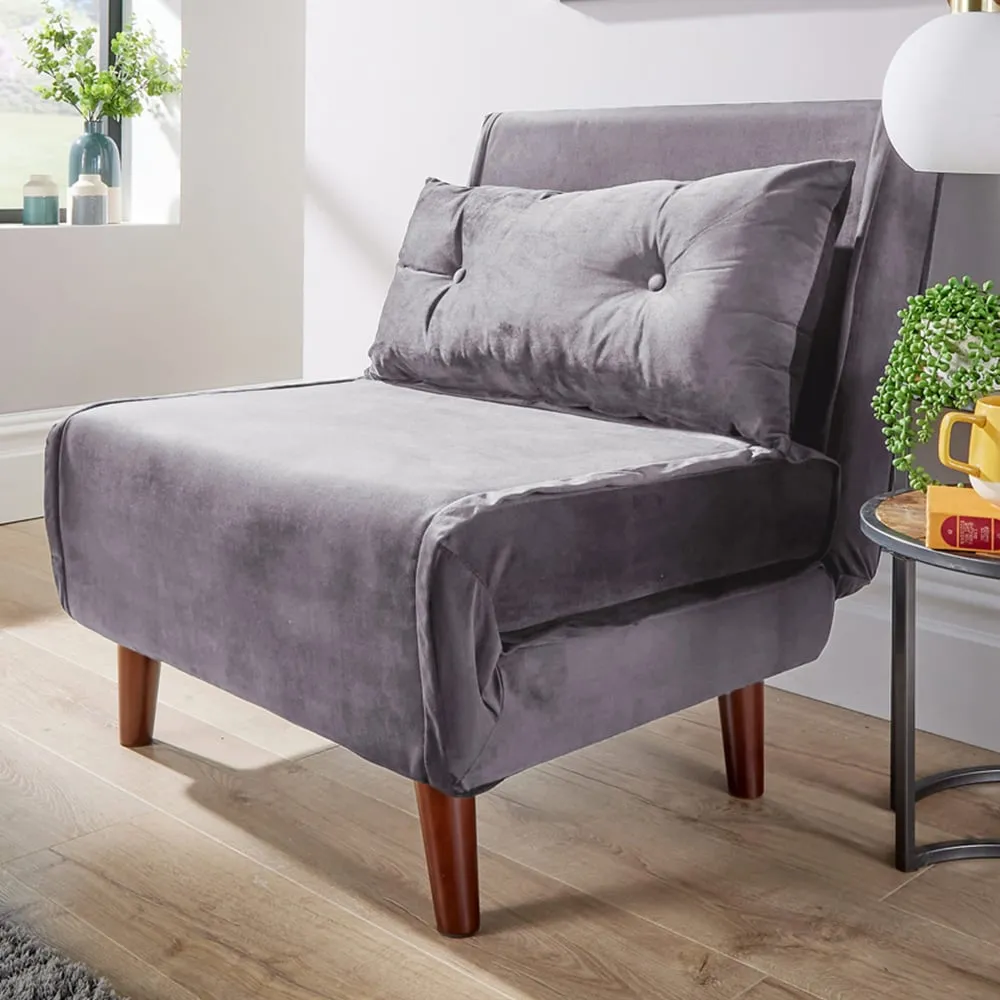 Morella Single Seater Folding Sofa Bed with Pillow - Grey, Velvet image