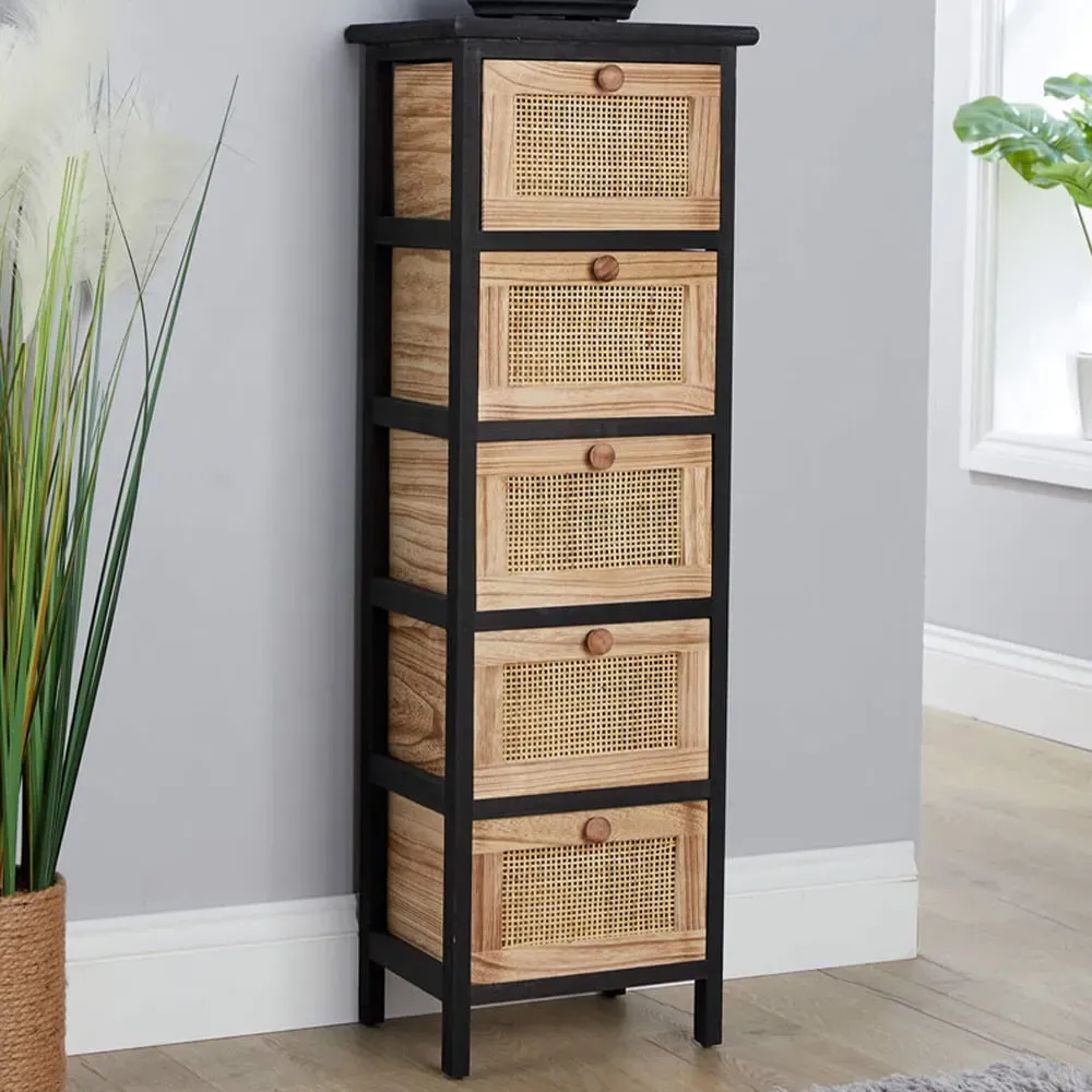 Mosina 5 Drawer Storage Unit - Black, Rattan