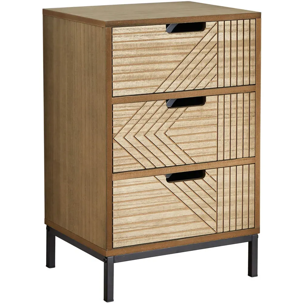 Mundesley 3 Drawer Geometric Bedside Table - Brown, MDF