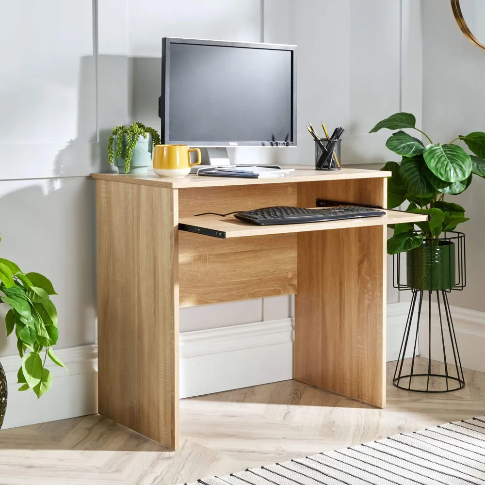 Newport Space Saving Office Desk with Keyboard Tray - Oak Effect