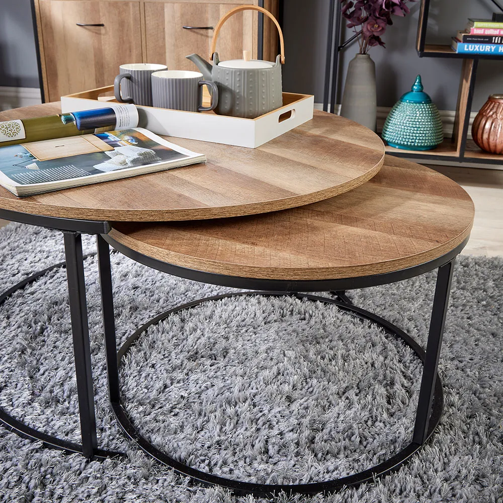 Oakmere Round Nest of Tables Set of 2 - Black, Oak Effect