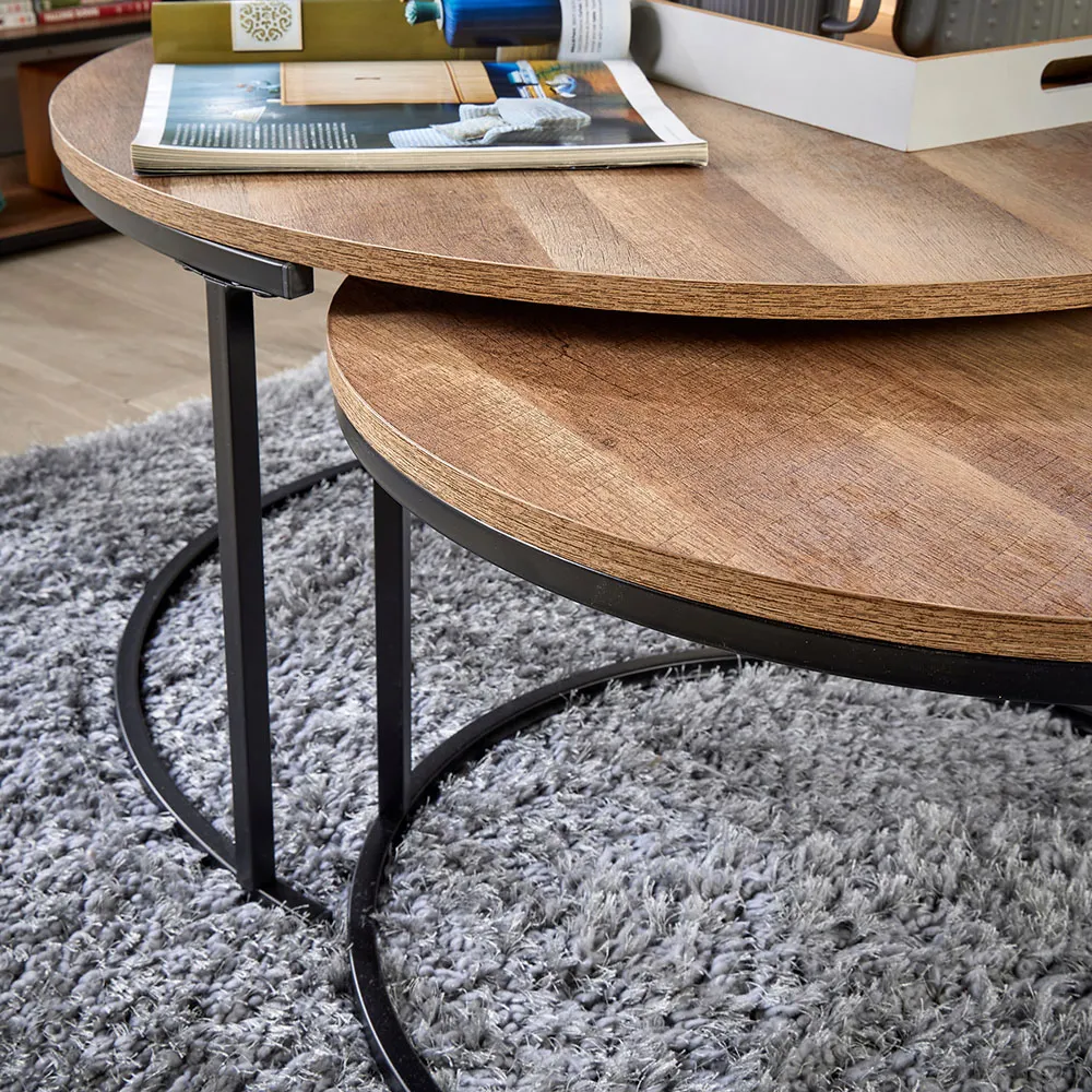 Oakmere Round Nest of Tables Set of 2 - Black, Oak Effect