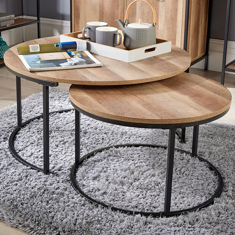 Oakmere Round Nest of Tables Set of 2 - Black, Oak Effect image