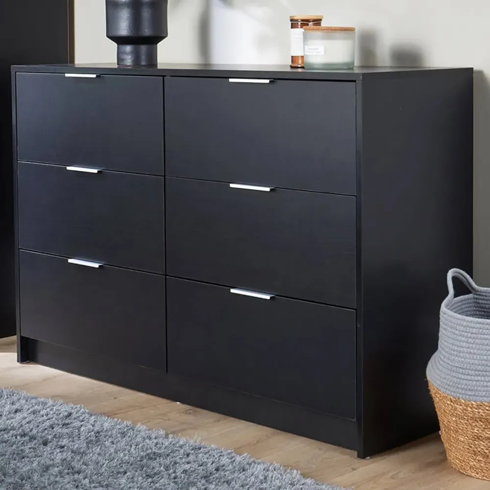 Phoenix 6 Drawer Wide Chest of Drawers - Black