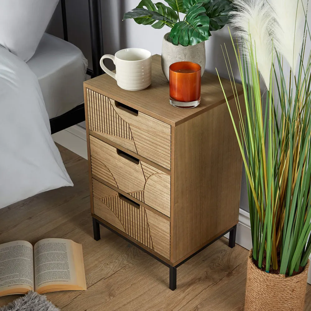 Reedham 3 Drawer Geometric Bedside Table - Brown, MDF