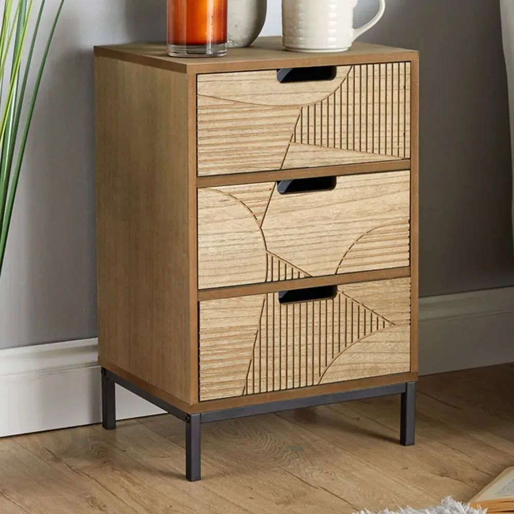 Reedham 3 Drawer Geometric Bedside Table - Brown, MDF image