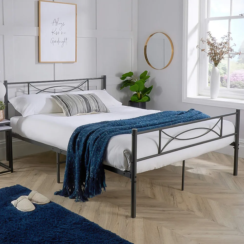 Saturn Double Bed Frame with Curved Headboard - Grey, Metal