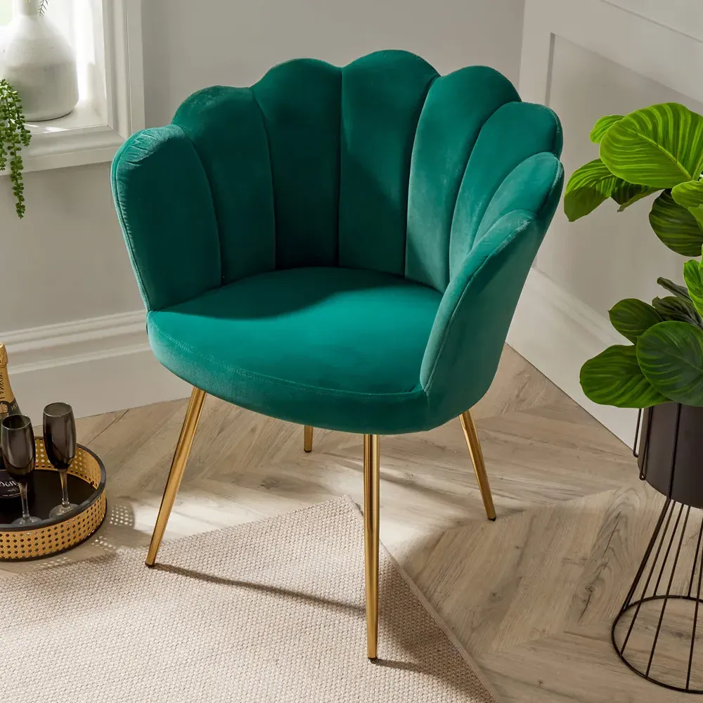 Scallop Chair with Gold Metal Legs - Emerald Green, Velvet