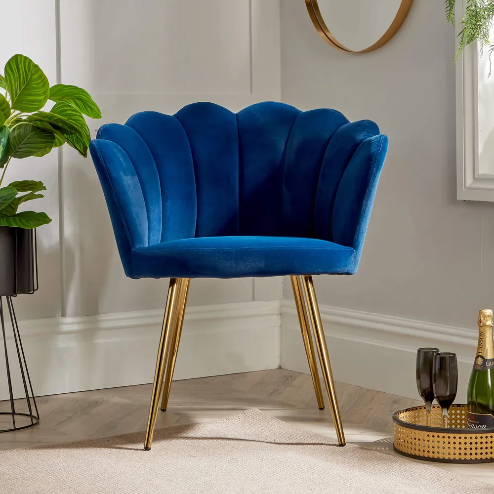 Scallop Chair with Gold Metal Legs - Navy Blue, Velvet