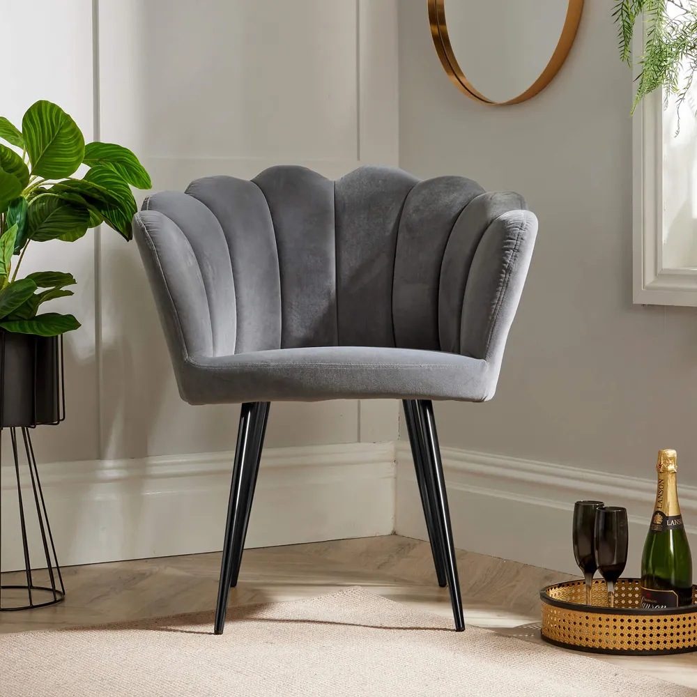 Scallop Chair with Metal Legs - Grey, Velvet