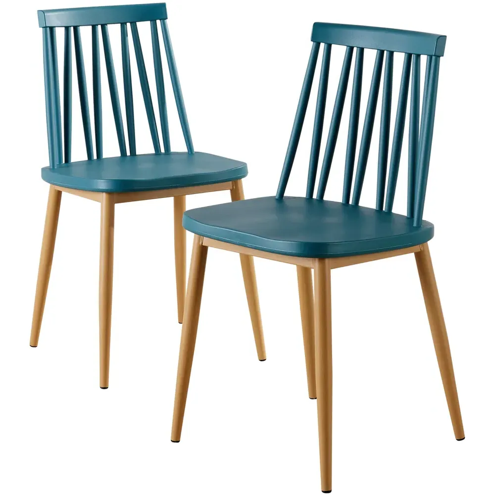 Set of 2 Slatted Back Dining Chairs - Teal, Metal