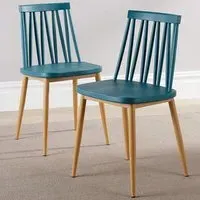 Set of 2 Slatted Back Dining Chairs - Teal, Metal