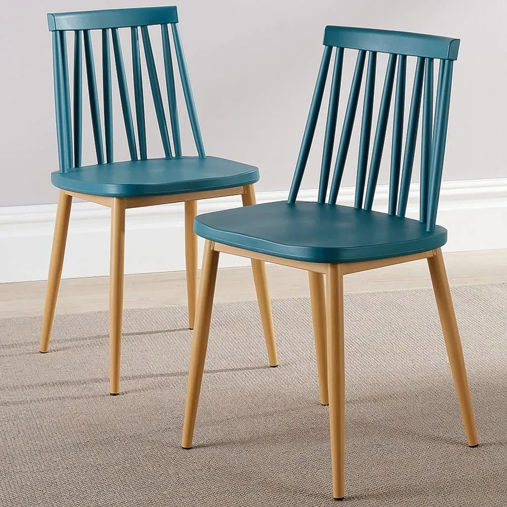 Set of 2 Slatted Back Dining Chairs - Teal, Metal image