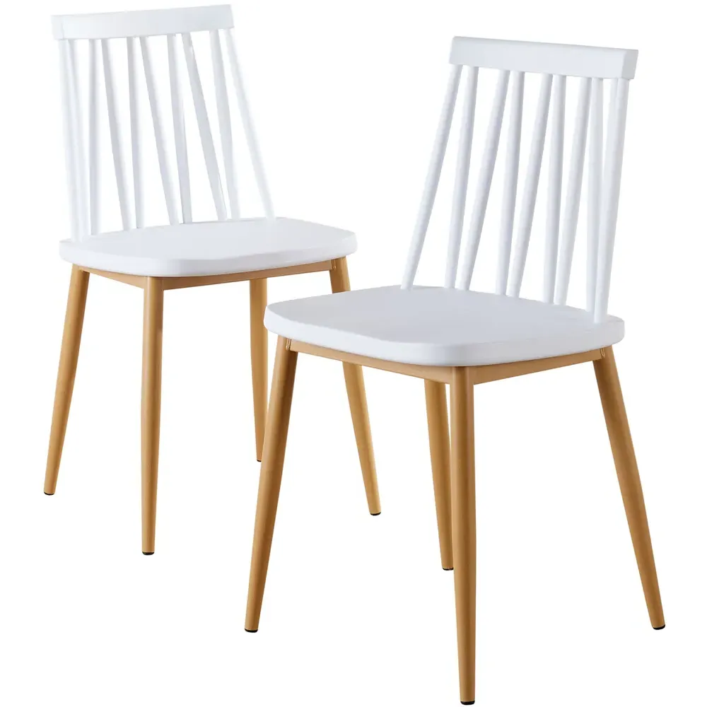 Set of 2 Slatted Back Dining Chairs - White, Metal