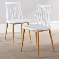 Set of 2 Slatted Back Dining Chairs - White, Metal