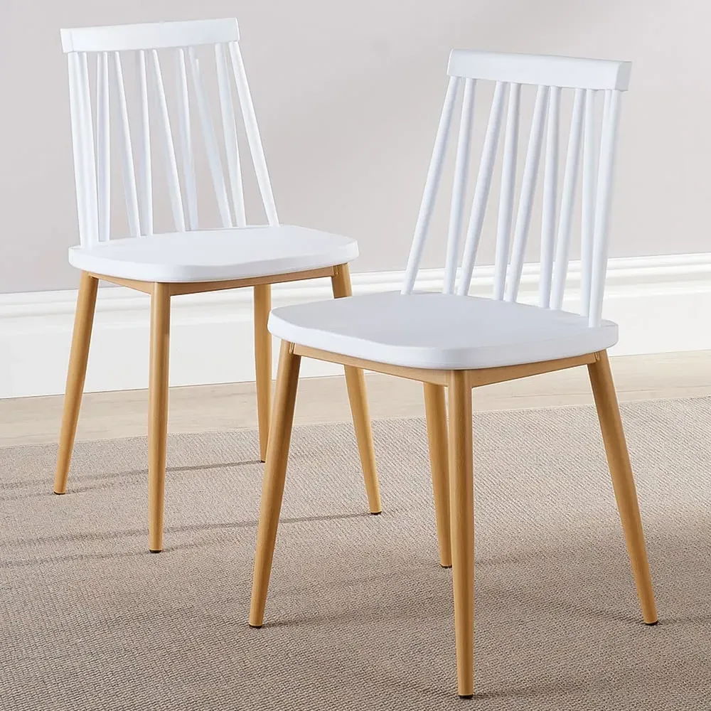 Set of 2 Slatted Back Dining Chairs - White, Metal