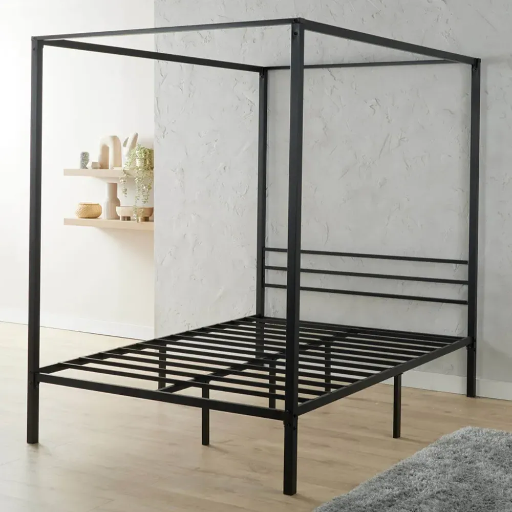 Sierra King Size 4 Poster Bed Frame with Canopy - Black, Metal