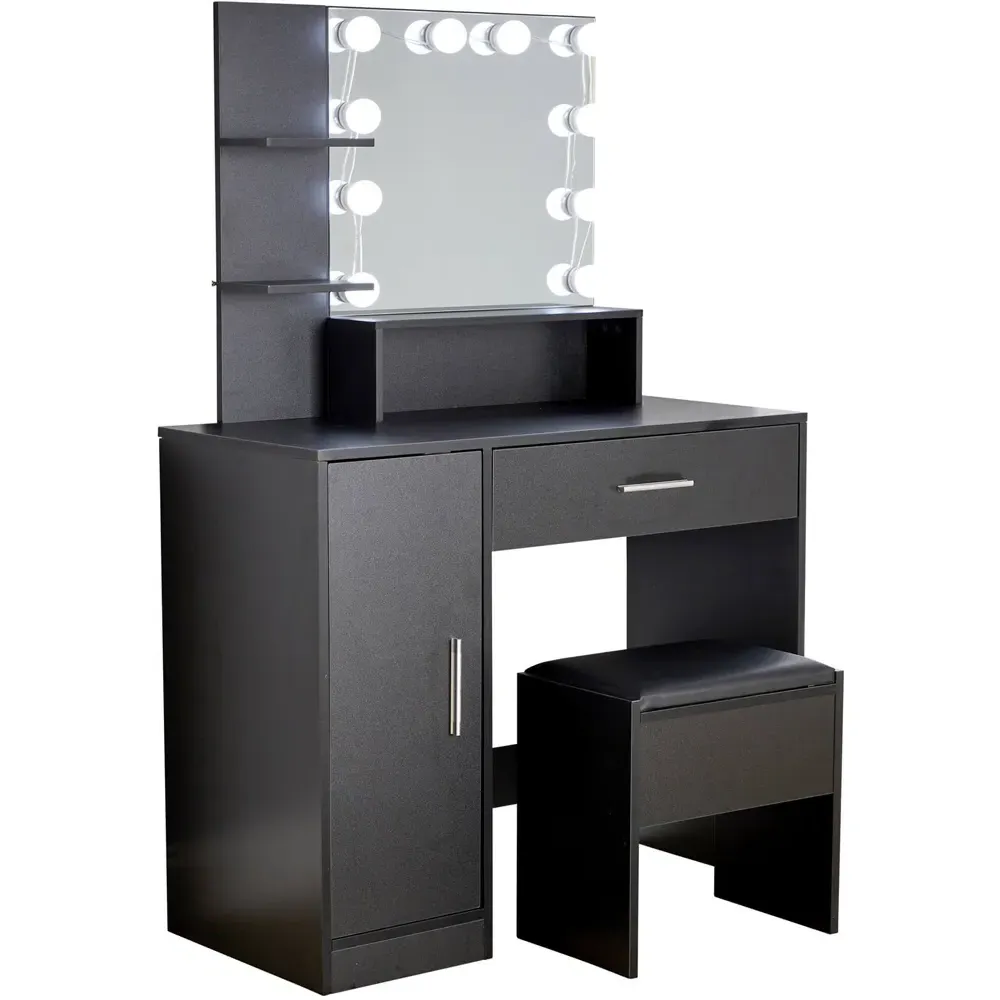 Sophia Single Door Dressing Table Set with LED Mirror - Black