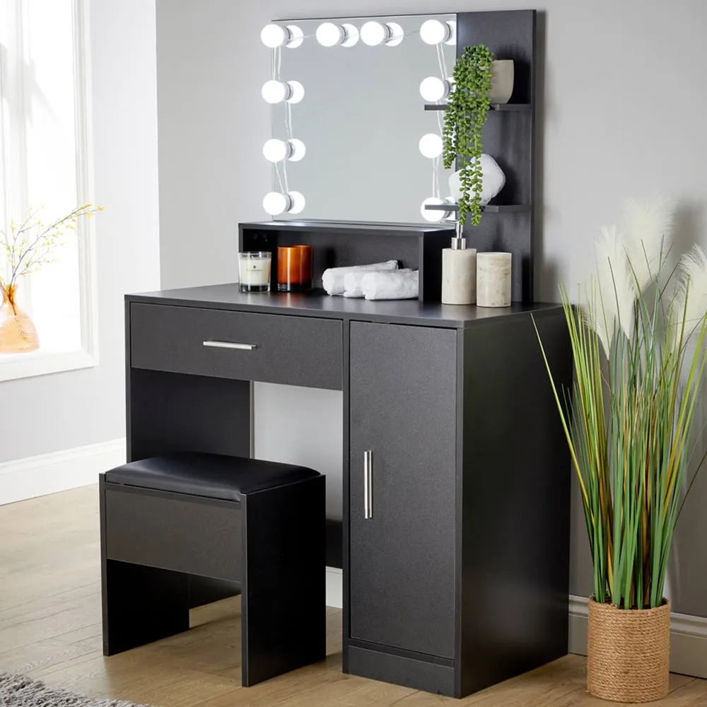 Sophia Single Door Dressing Table Set with LED Mirror - Black
