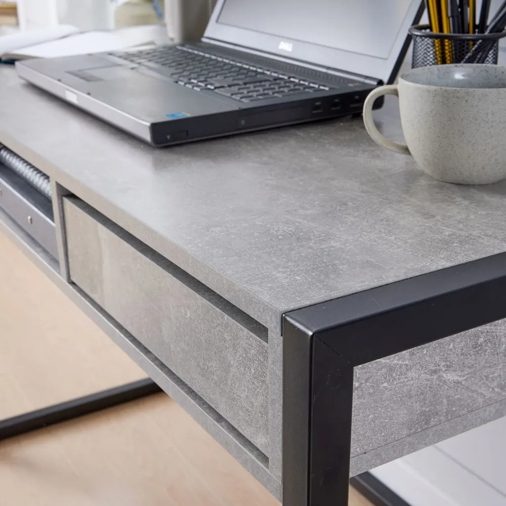 Toronto 2 Drawer Office Desk - Black, Concrete Effect