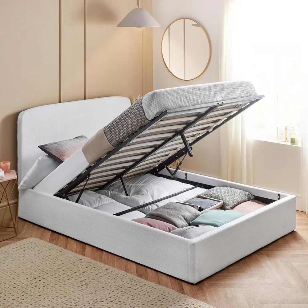 Double Ottoman Storage Bed with Mattress - White, Boucle