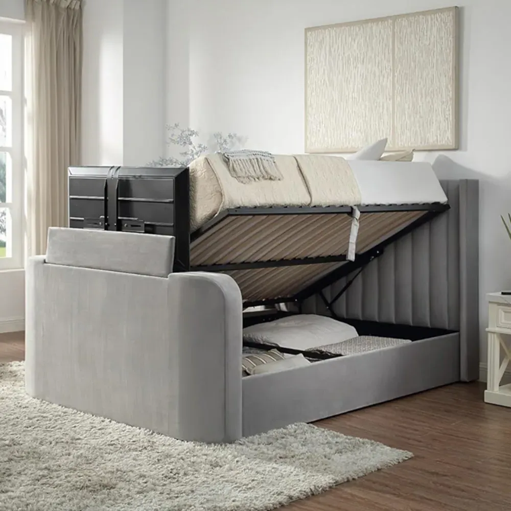 Double Ottoman TV Bed - Grey, Velvet