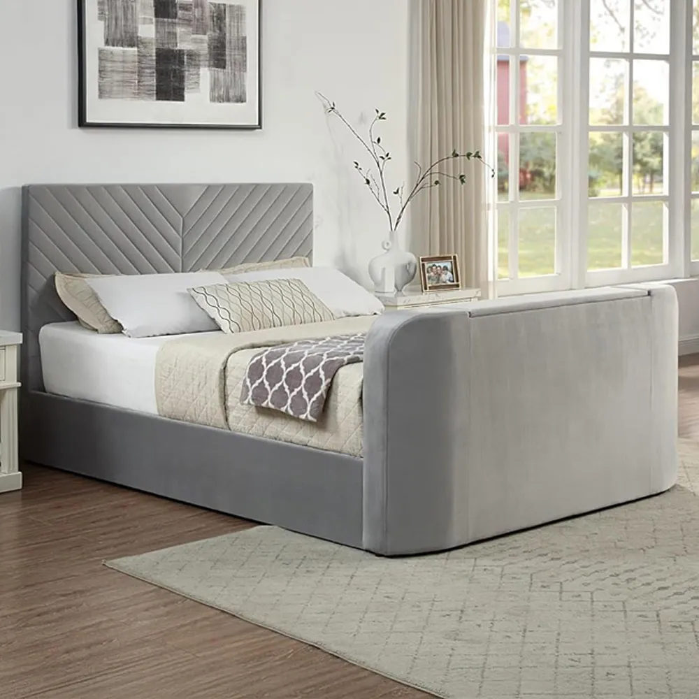 Double Ottoman TV Bed with Mattress - Grey, Velvet