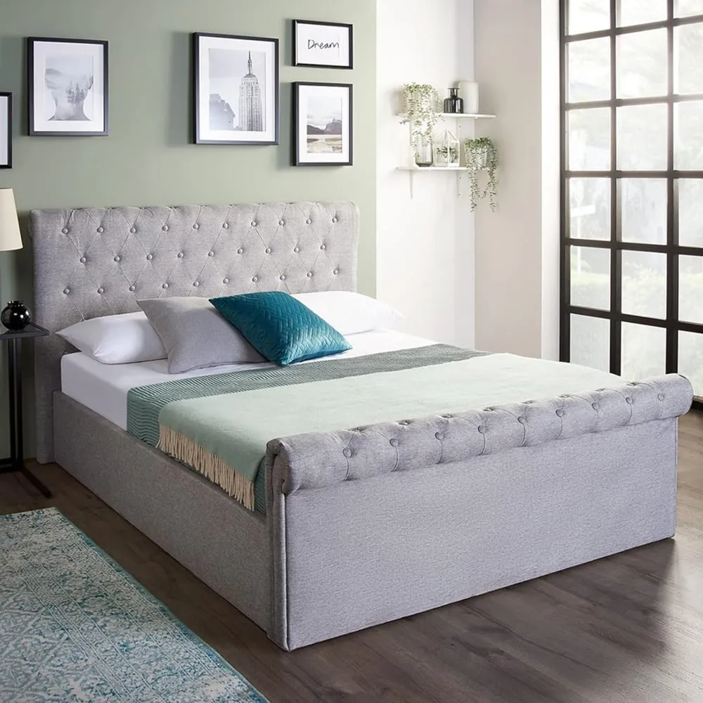 Double Sleigh Ottoman Bed with Mattress - Grey, Linen image