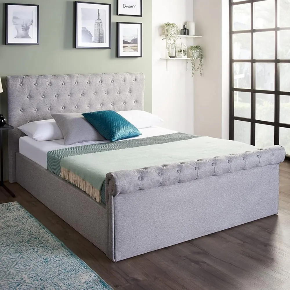 Double Sleigh Ottoman Bed with Storage - Grey, Linen