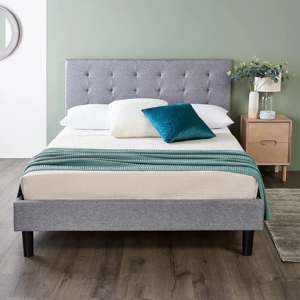 Double Upholstered Bed Frame with Headboard - Grey, Linen