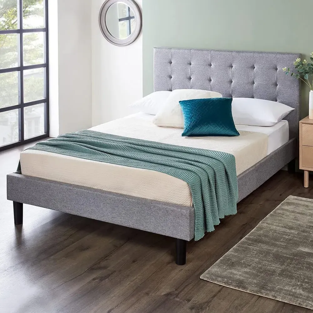 Double Upholstered Bed Frame with Headboard - Grey, Linen image