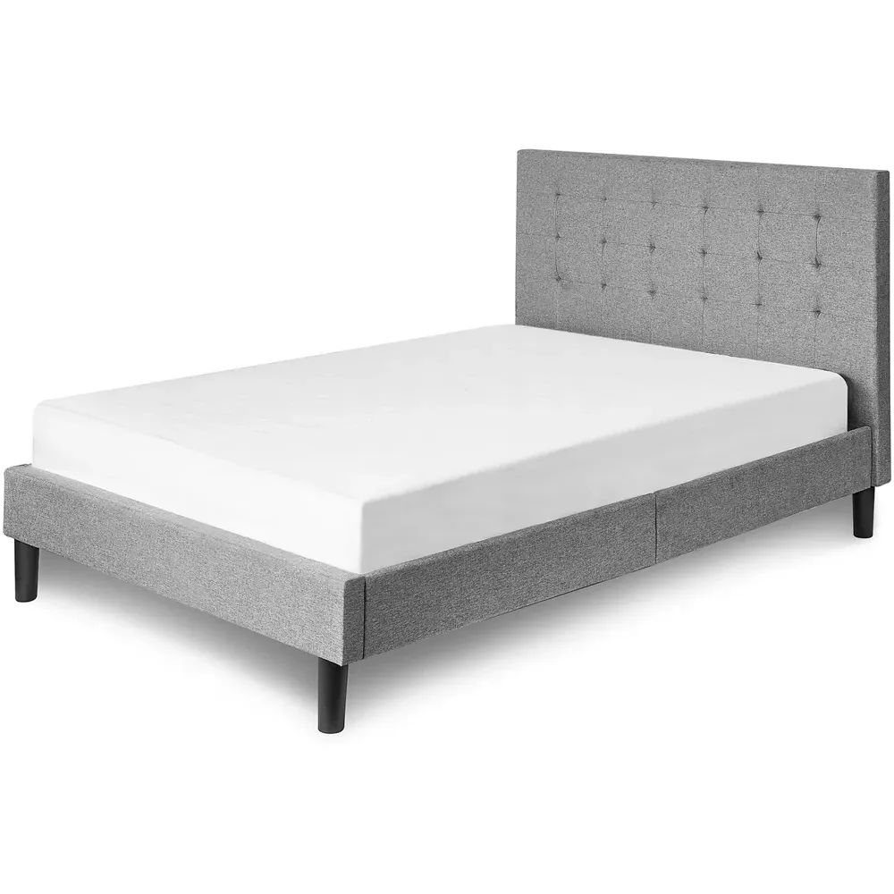 Double Upholstered Bed Frame with Headboard & Mattress - Grey