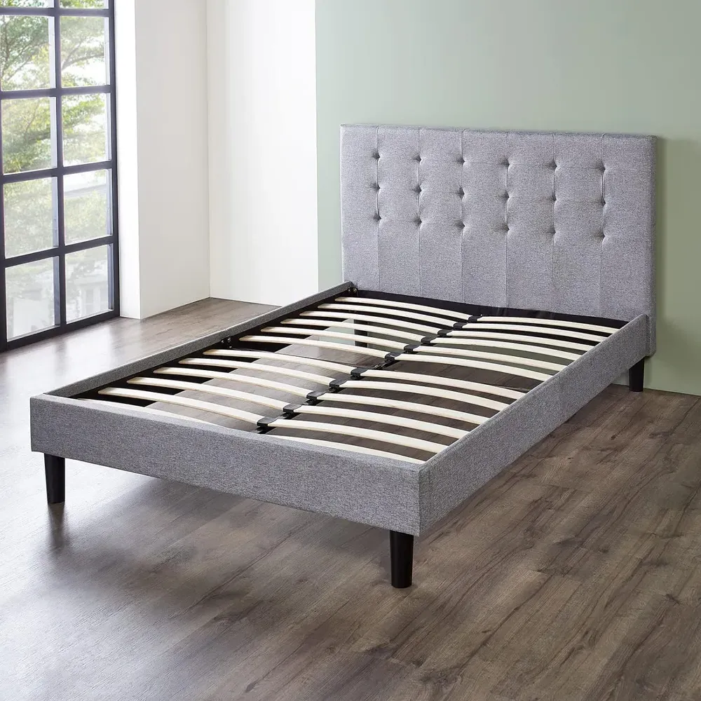Double Upholstered Bed Frame with Headboard & Mattress - Grey