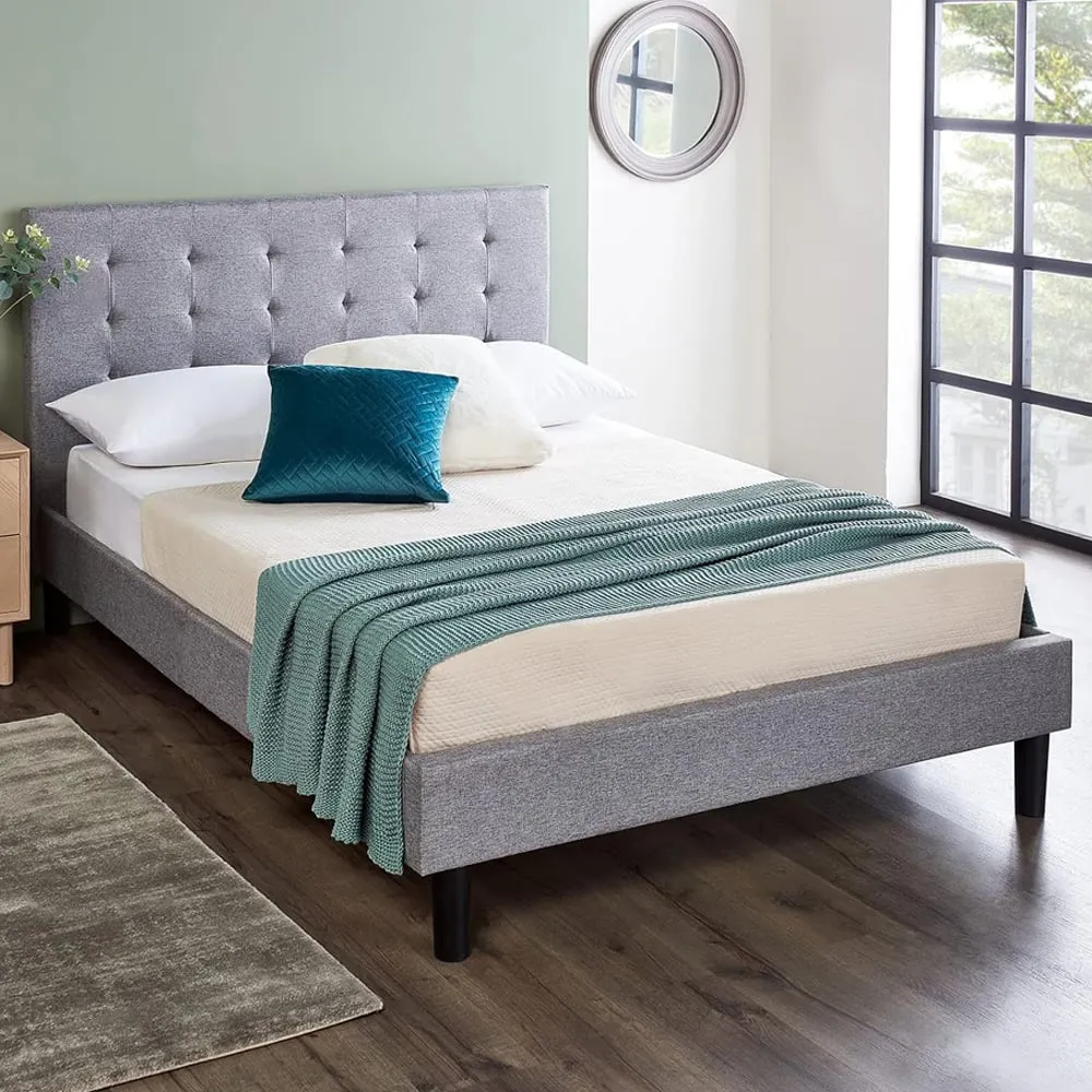 Double Upholstered Bed Frame with Headboard & Mattress - Grey