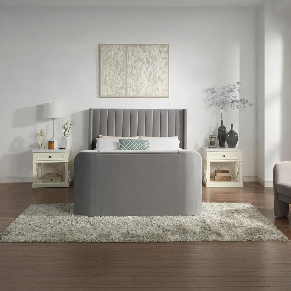 Double Velvet Ottoman TV Bed with Mattress - Grey