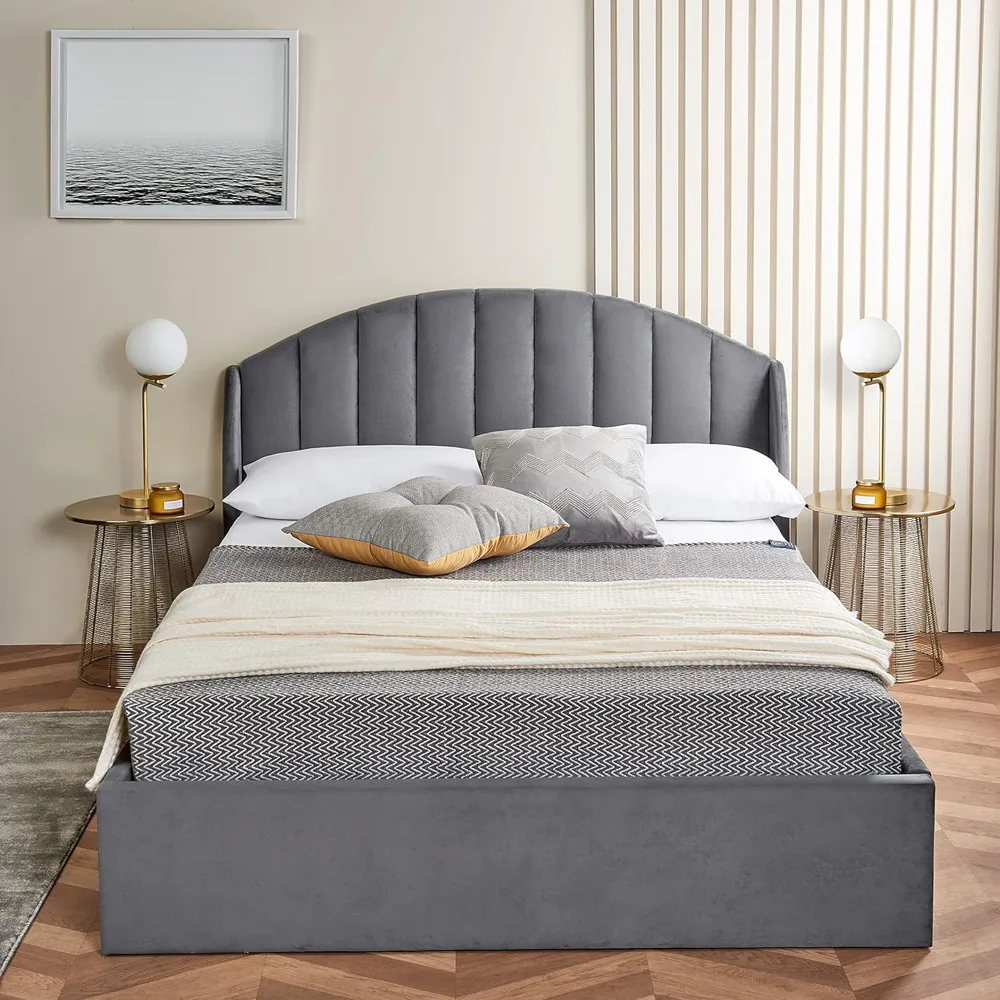 Double Velvet Winged Headboard Ottoman Storage Bed Frame - Grey