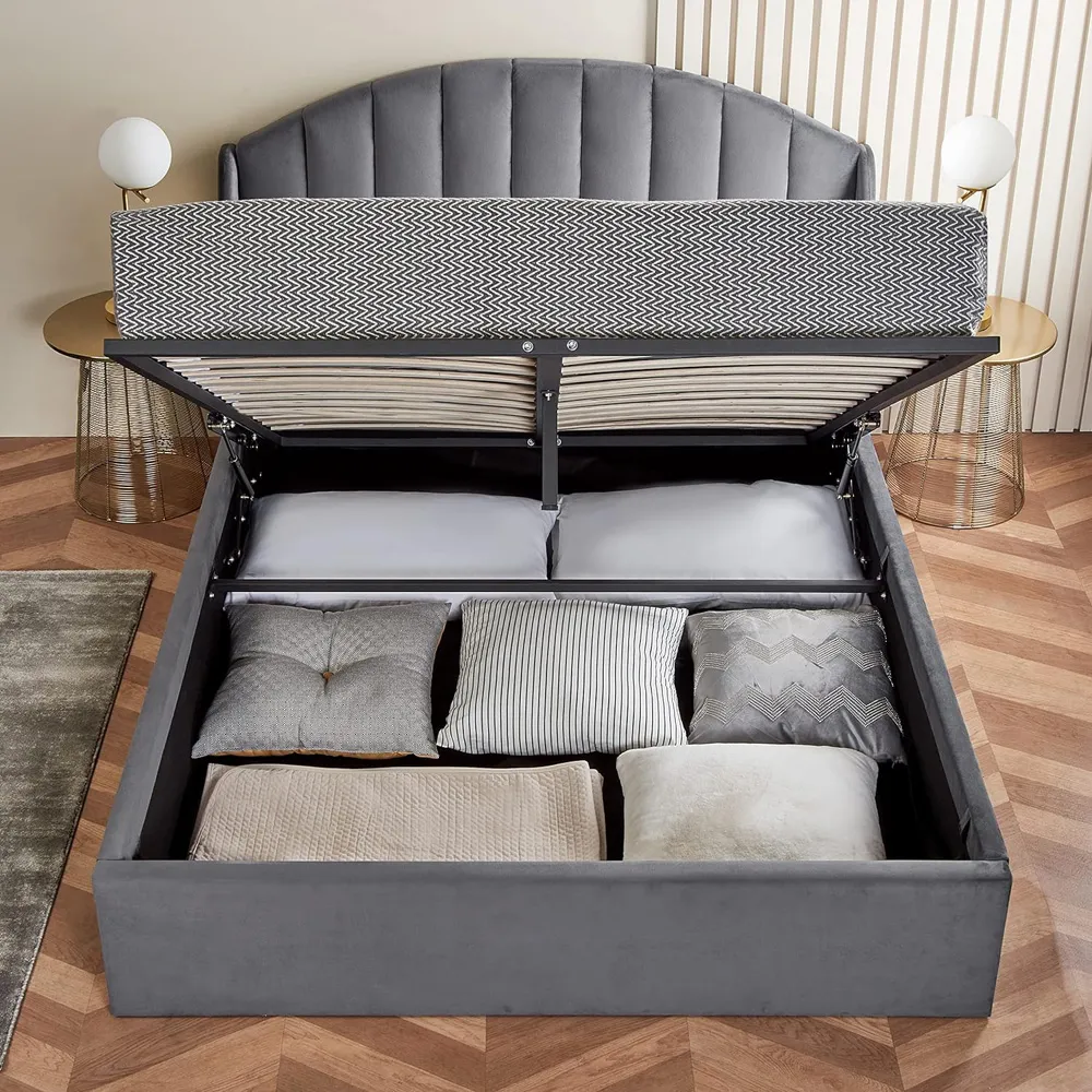 Double Velvet Winged Headboard Ottoman Storage Bed Frame - Grey