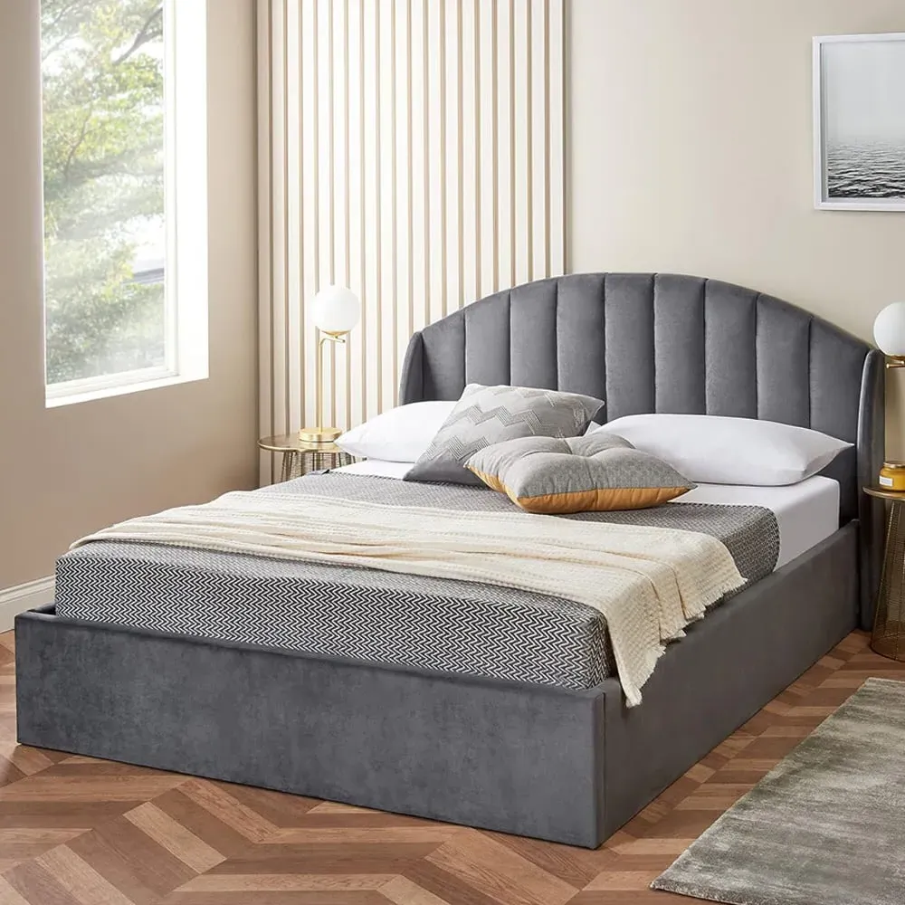 Double Velvet Winged Headboard Ottoman Storage Bed with Mattress - Grey