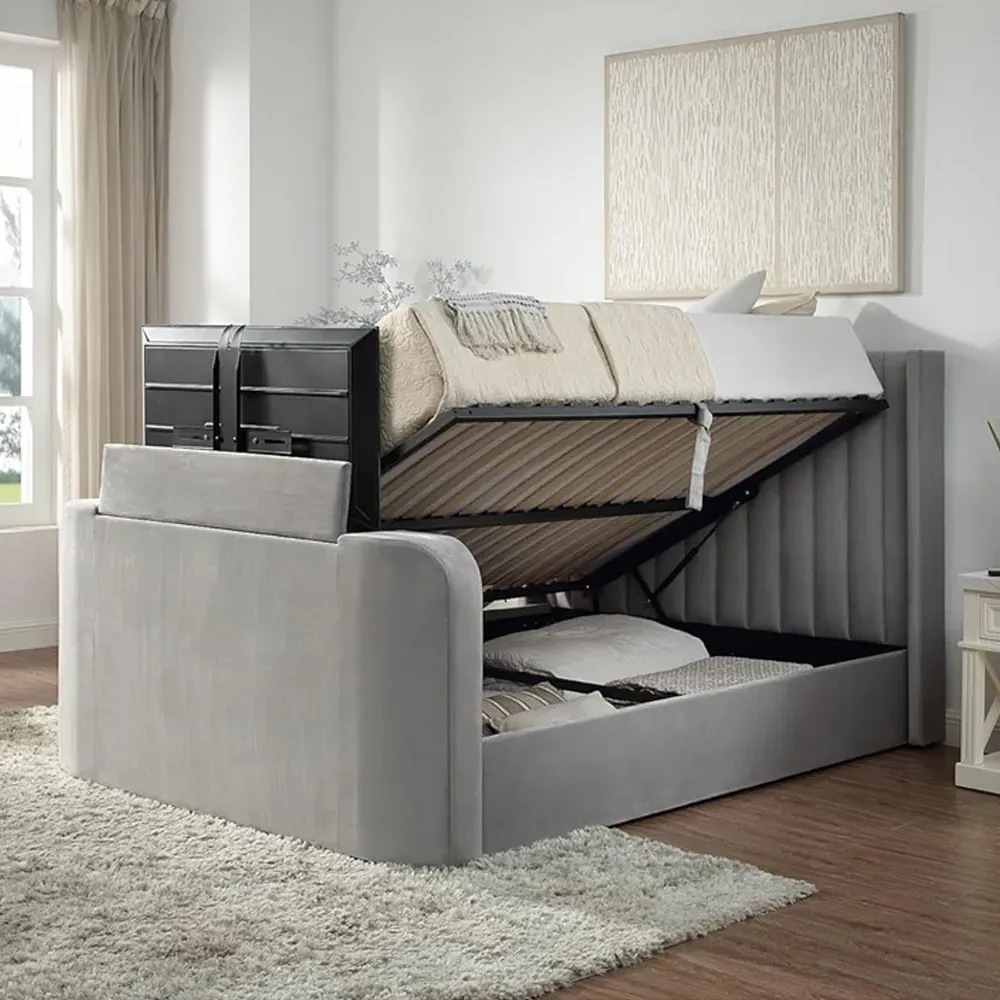 Double Velvet Winged Panel Ottoman TV Bed - Grey