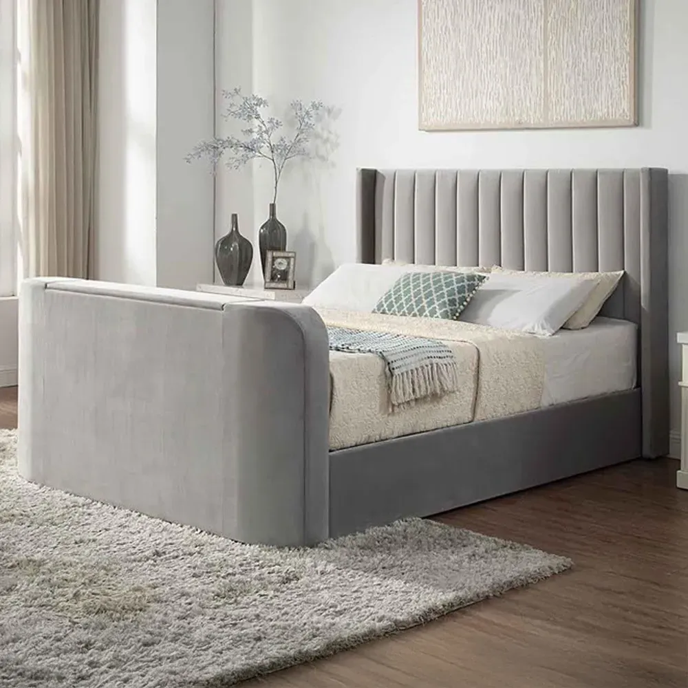 Double Velvet Winged Panel Ottoman TV Bed - Grey image