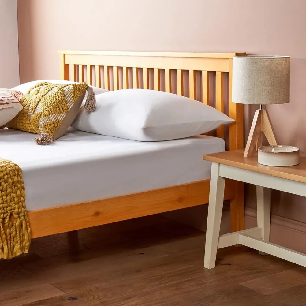 Double Wooden Bed Frame with Mattress - Brown, Pine