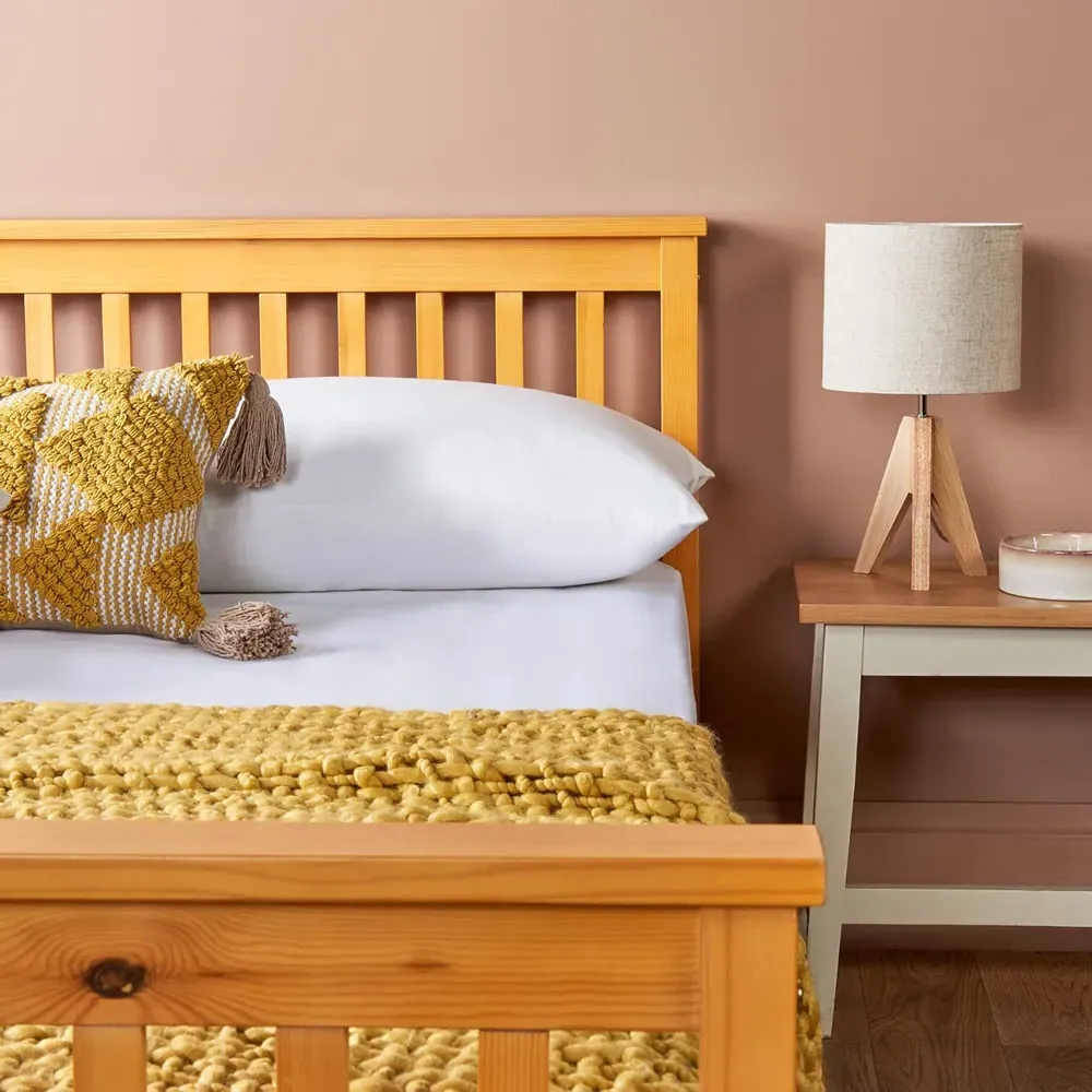 Double Wooden Bed Frame with Mattress - Brown, Pine