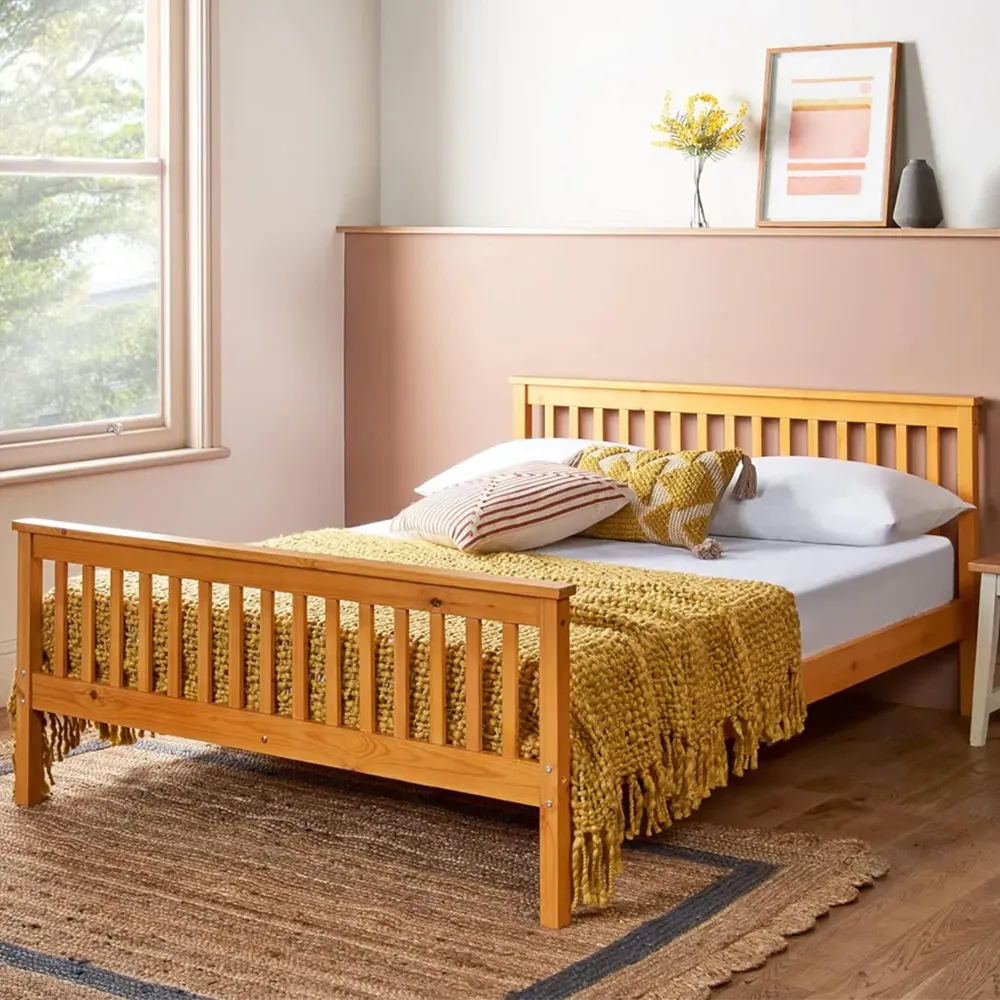 Double Wooden Bed Frame with Mattress - Brown, Pine