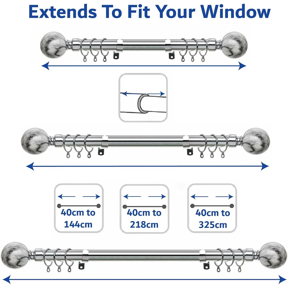 Extendable Curtain Pole with Marble Finials - Silver, Metal