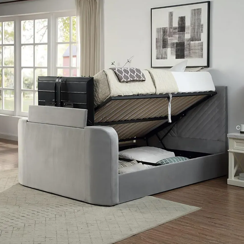 King Size Ottoman TV Bed with Mattress - Grey, Velvet