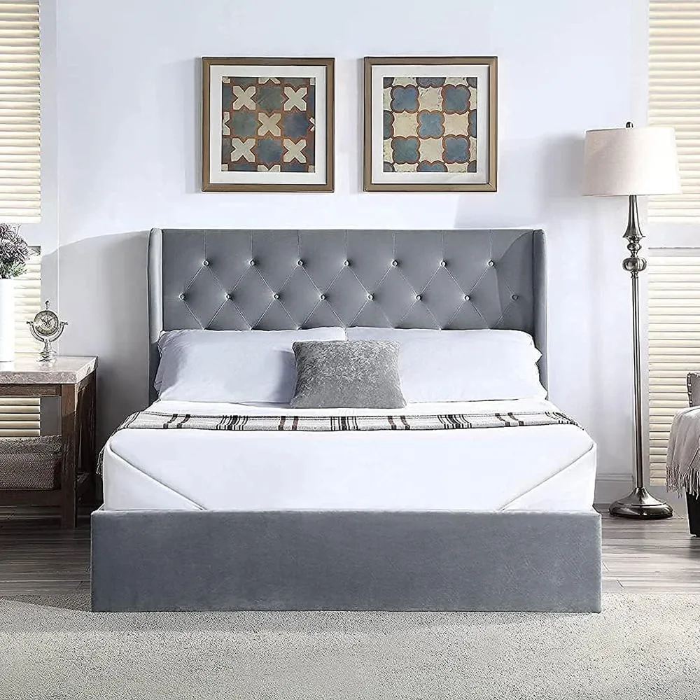 King Size Winged Headboard Ottoman Bed Frame - Grey, Velvet