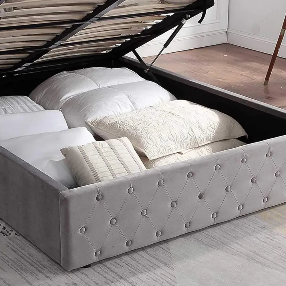King Size Winged Headboard Ottoman Bed Frame - Grey, Velvet