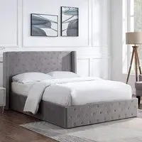 King Size Winged Headboard Ottoman Bed Frame - Grey, Velvet