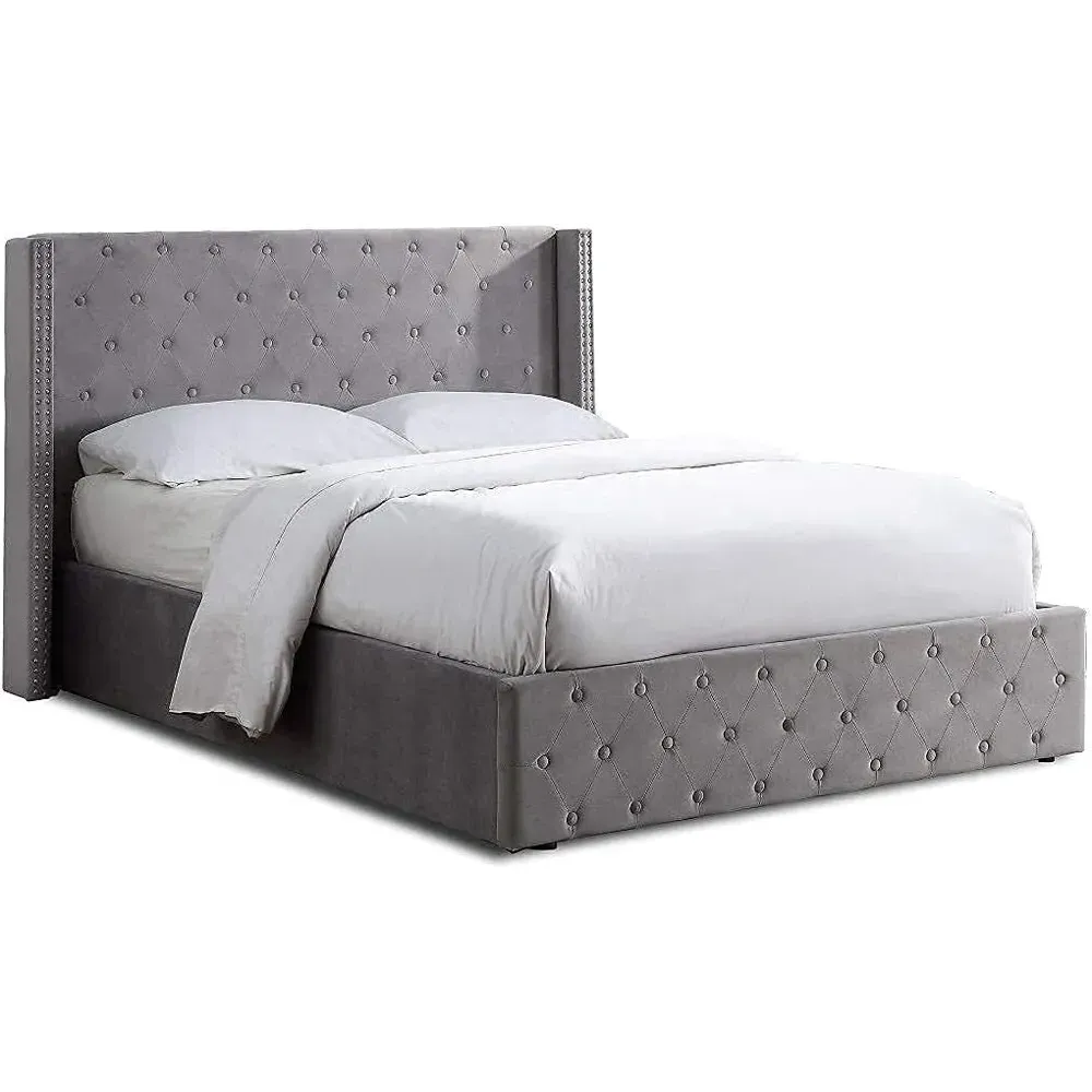 King Size Winged Headboard Ottoman Bed with Mattress - Grey, Velvet